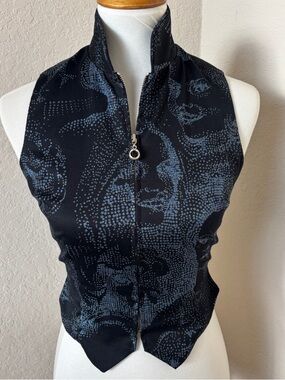 Paolo Santini Vintage Faces Waist Zip  Vest Metallic Navy Blue Silver Size 2